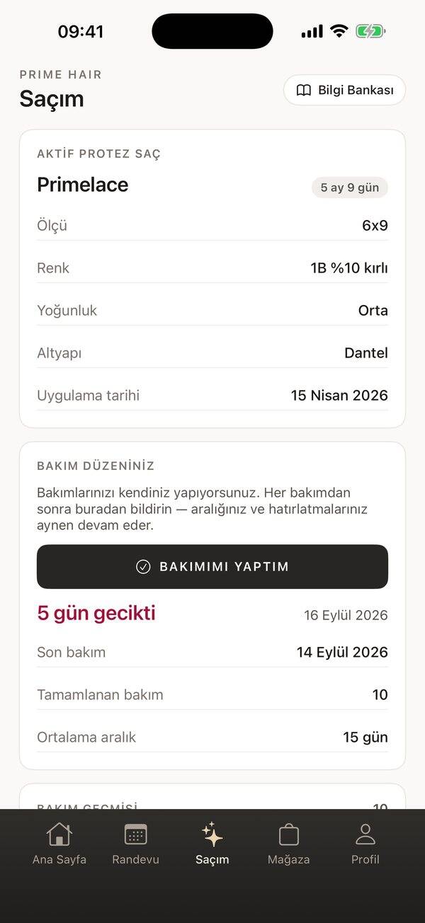 Prime Hair uygulamasında Saçım ekranı: protez saç bilgileri ve bakım düzeni